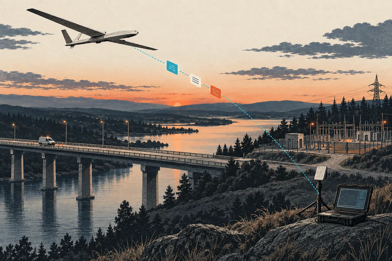 Future field concept: mission-relevant event reports travel over a separate low-power data link while full imagery remains available for later review.