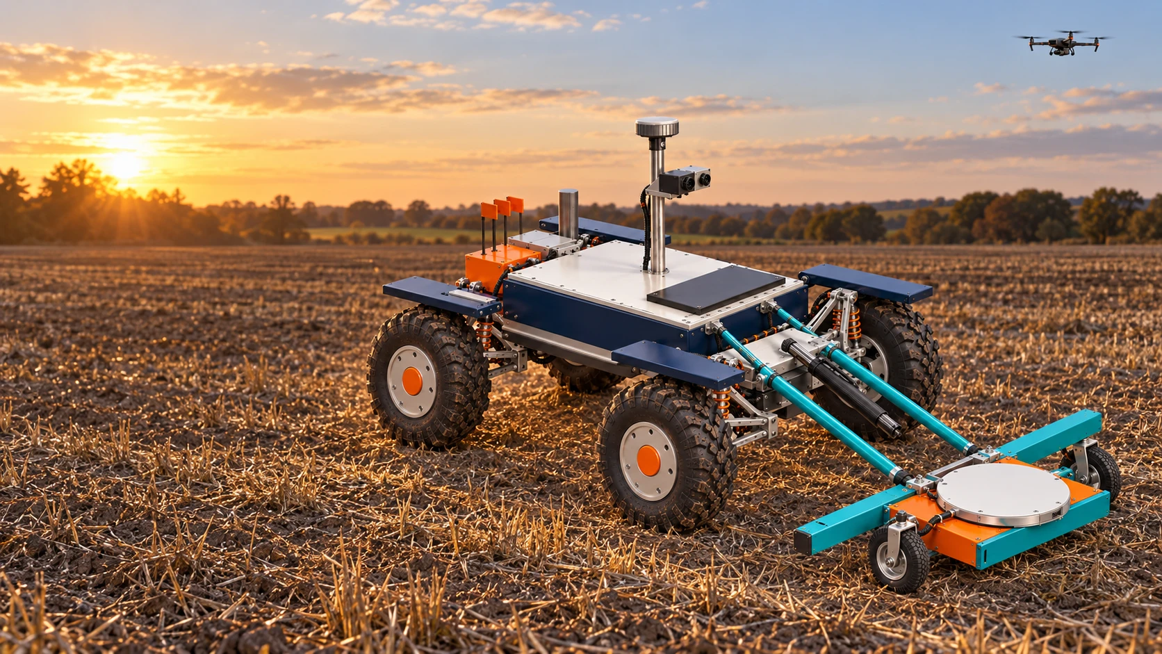 Concept visualization of a compact electric survey rover with a wheel-supported forward sensor head and aerial survey drone in a rural landscape