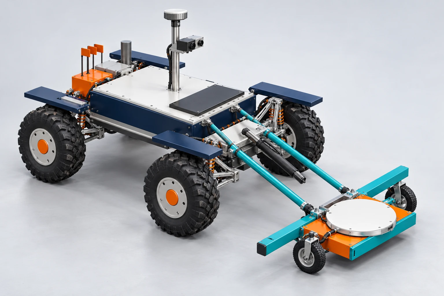 Concept visualization of the electric four-wheel survey platform with portal hubs, double-wishbone suspension and a forward sensor assembly supported by two wheels