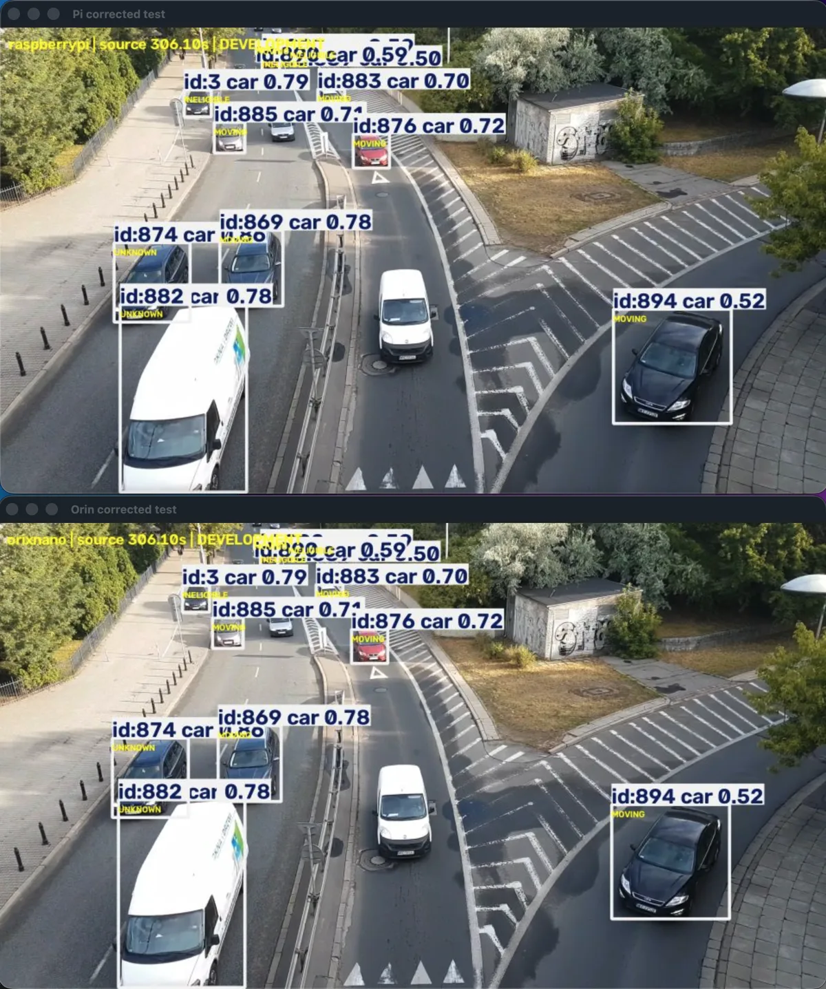 Two side-by-side development test windows, one running on a Raspberry Pi and one on an NVIDIA Jetson Orin Nano, each tracking the same vehicles with matching ID numbers, confidence scores, and movement labels.