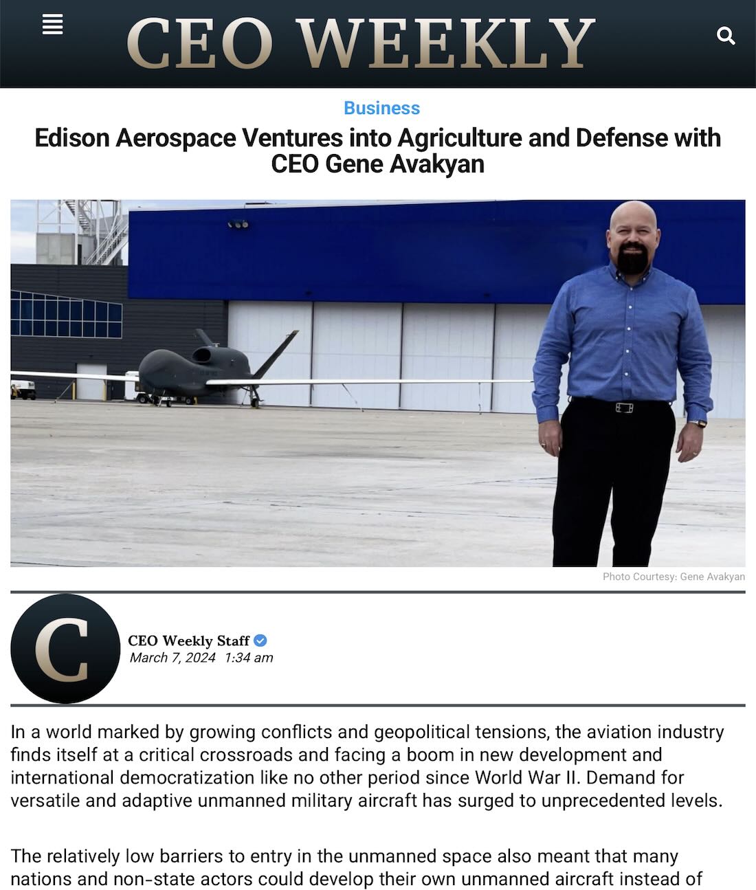 Edison Aerospace Ventures Into Agriculture and Defense With CEO Gene Avakyan
