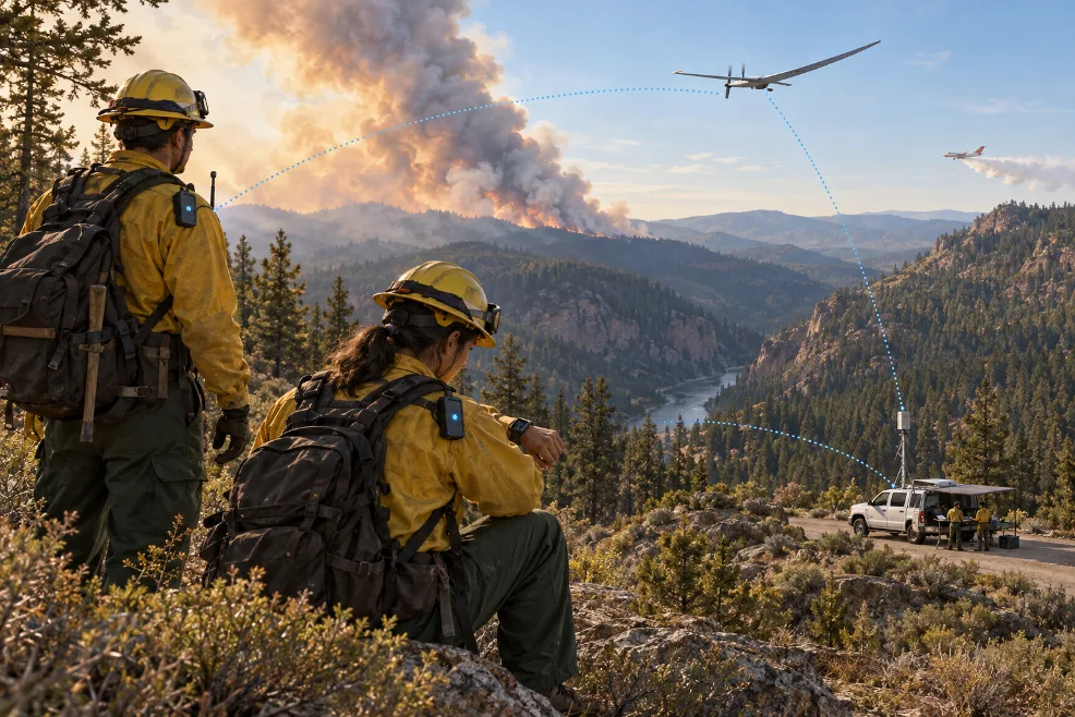 Wildland firefighters with overhead aircraft and a communications vehicle near a forest fire — Pentagon Times