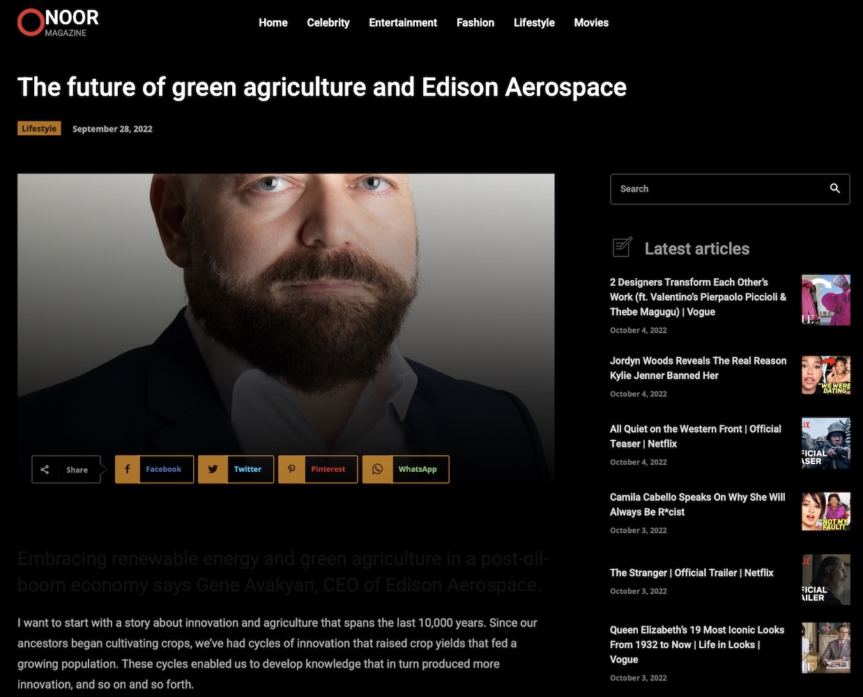 Noor Magazine about Edison Aerospace