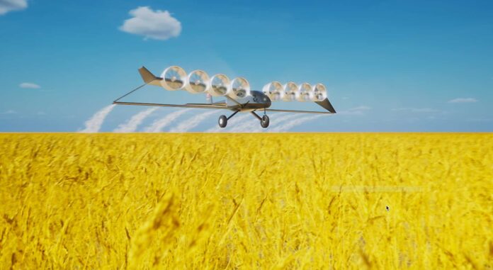 yellow-blue-heavy1 Edison Aerospace Inc Heavy1 aerial application electric airplane full size unmanned crop sprayer