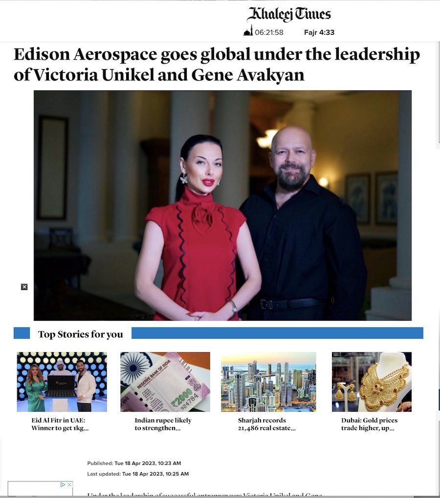 Khaleej Times about Edison Aerospace, Gene Avakyan and Victoria Unikel